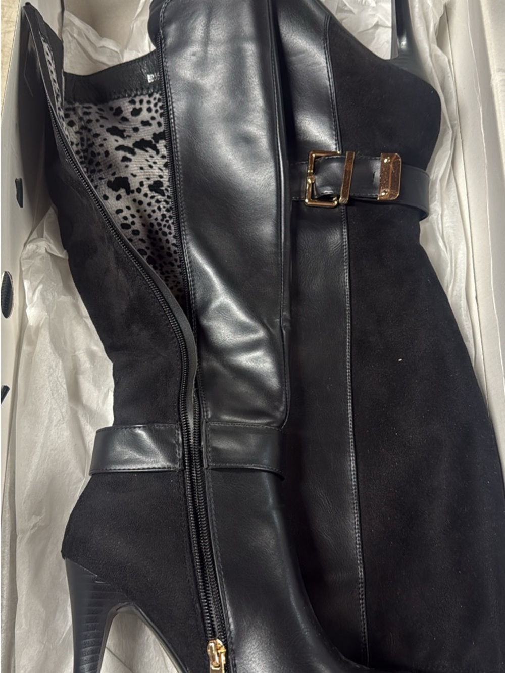 2 Pairs Nine West Black Leather & Suede Knee-High Heeled Boots with Gold Buckle